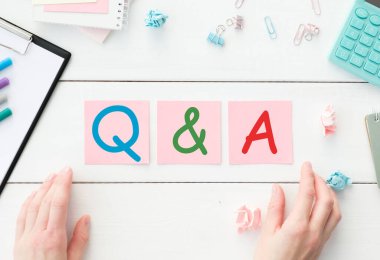bilgisayar, saat, telefon, büyüteç, kahve ve not defteri. Sorular ve cevap kavramı