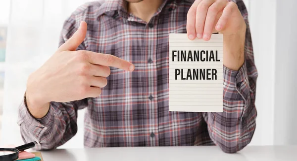 Close Zakenman Met Een Kaart Met Tekst Financiële Planner Business — Stockfoto