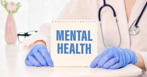 Notebook Text Mental Health Hands Blisters Tablets — Stock Photo, Image