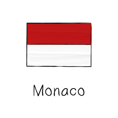 Beyaz arka planda izole edilmiş ana hatlı ve imzalı Monako bayrağı. Robot resim biçiminde elle çizilmiş renk vektörü çizimi.