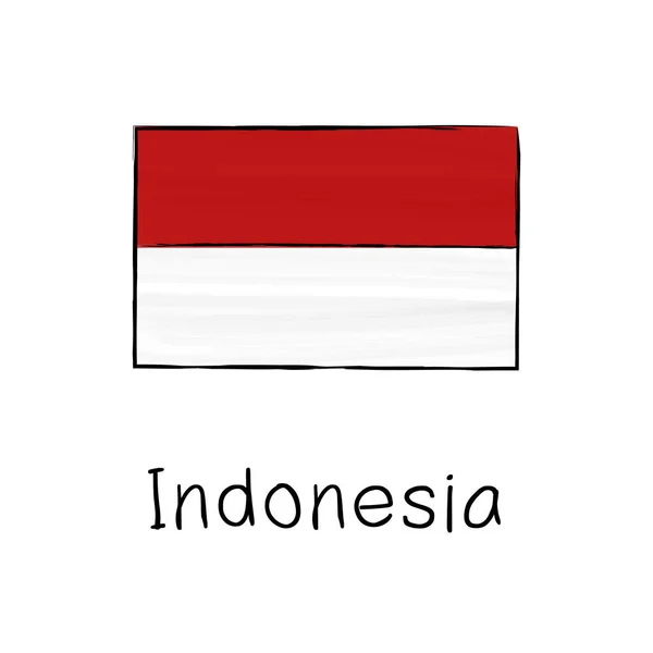 白い背景に輪郭と署名が隔離されたインドネシアの旗 手描きカラーベクトルイラストでスケッチスタイル — ストックベクタ