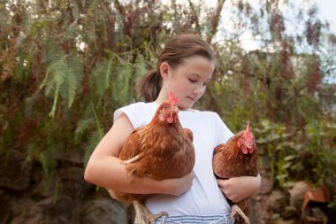 Kahverengi tavukları elinde tutan mutlu kız. Eko konsepti. Eko çiftliği.