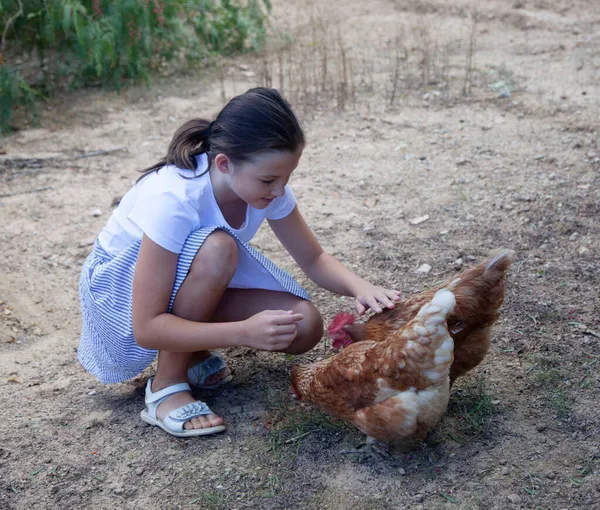 Kahverengi tavuğu elinde tutan mutlu kız. Eko konsepti. Eko çiftliği.
