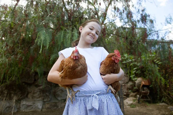 Kahverengi tavukları elinde tutan mutlu kız. Eko konsepti. Eko çiftliği.
