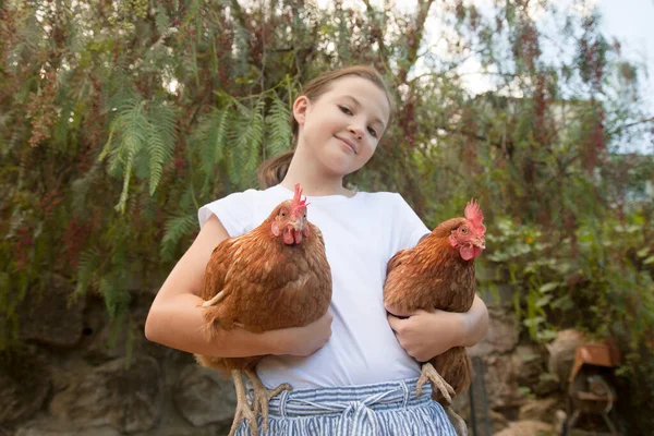 Kahverengi tavukları elinde tutan mutlu kız. Eko konsepti. Eko çiftliği.