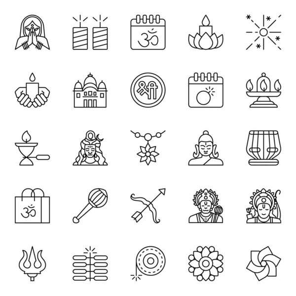 Icônes Contour Pour Diwali Heureux — Image vectorielle