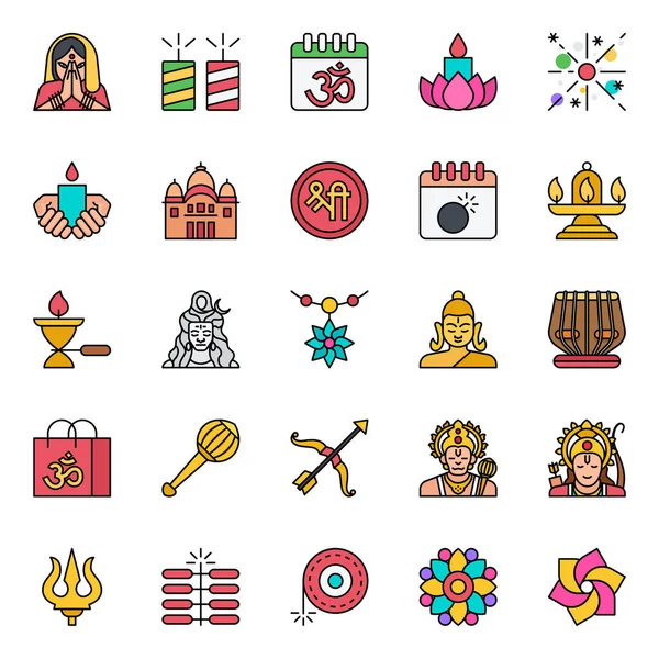 Iconos Contorno Rellenos Para Diwali Feliz — Vector de stock