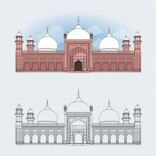 巴基斯坦拉合尔的Badshahi清真寺 — 图库矢量图片