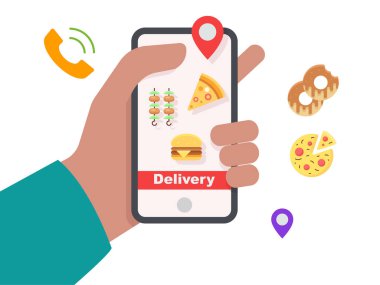 El ele tutuşan cep telefonu çevrimiçi yemek siparişi illüstrasyonu.