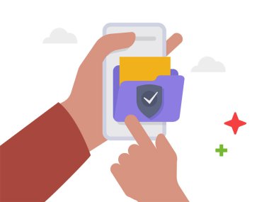 Güvenli gizli dosya klasörü erişimi ve özel kilit illüstrasyonlu cep telefonu.