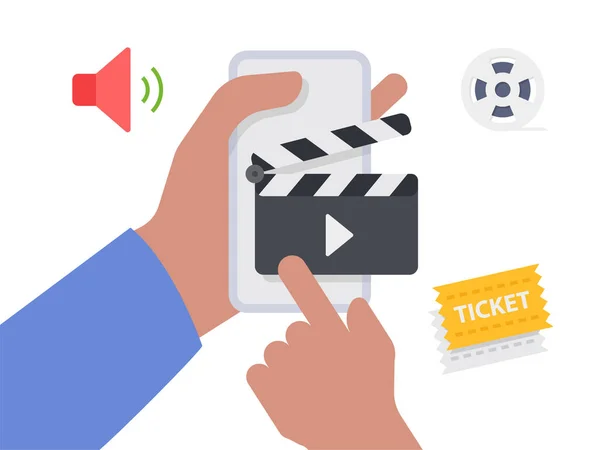 Κινητό Χέρι Online Κράτηση Εισιτηρίων Κινηματογράφου App Illustration — Διανυσματικό Αρχείο