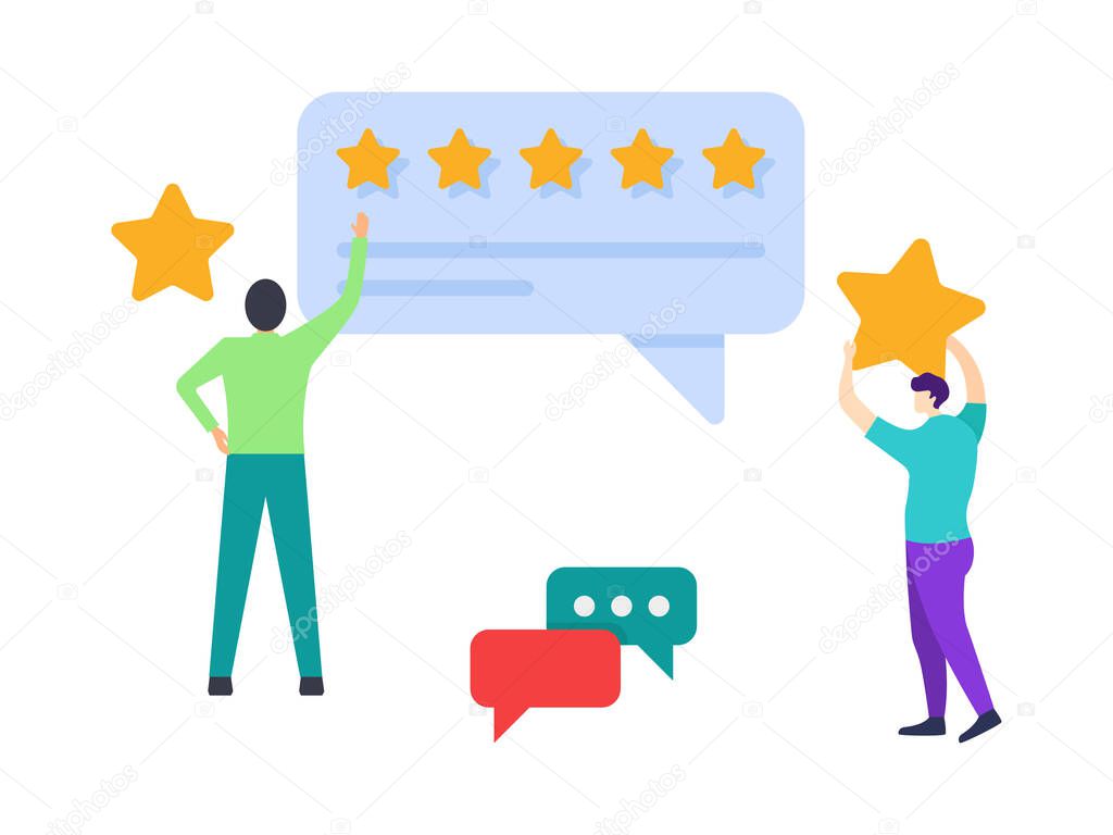 People characters giving five star feedback customer review concepts illustration.