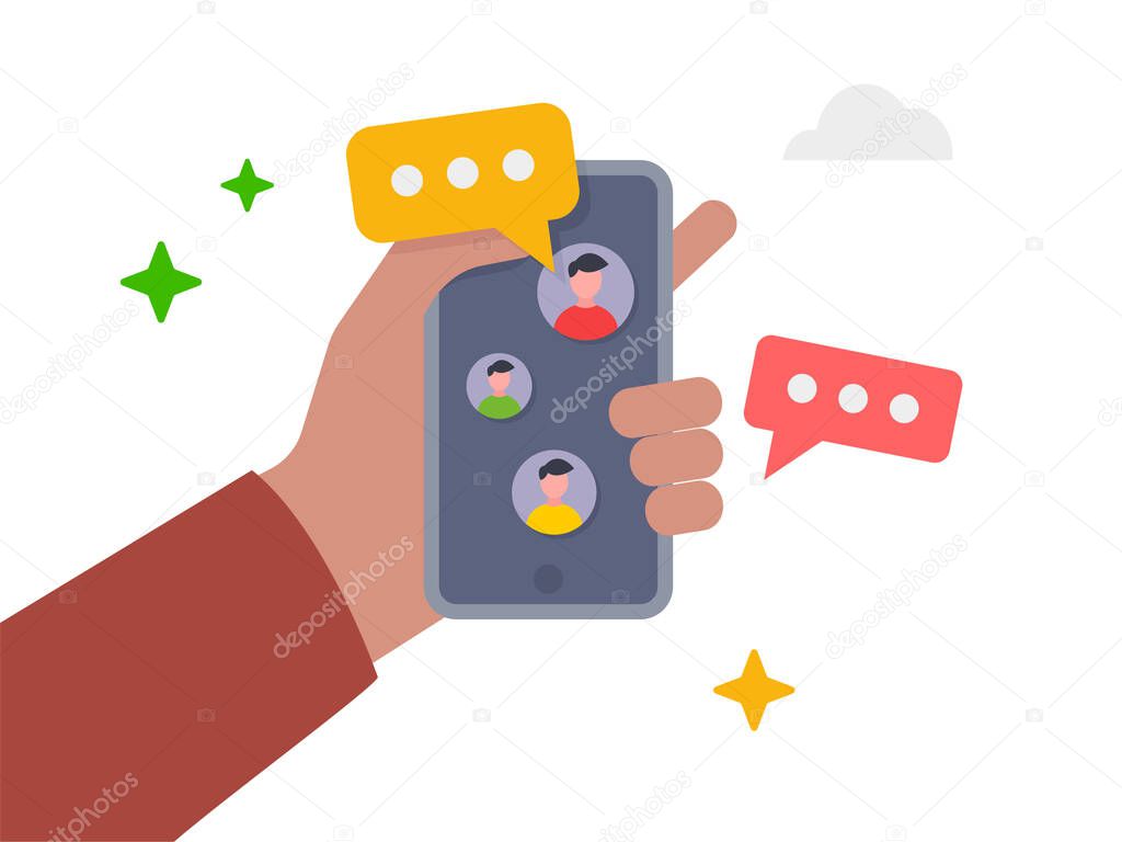 Hands holding mobile with sms on mobile phone screen. Messaging using chat app or social network illustration.