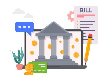 İnternet bankacılığı, satın alma ve işlemler, para transferleri ve banka havale illüstrasyonları.