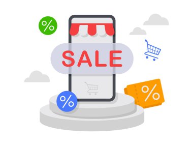 İnternetten alışveriş konsepti. İndirimli pankart tasarımı illüstrasyonu.