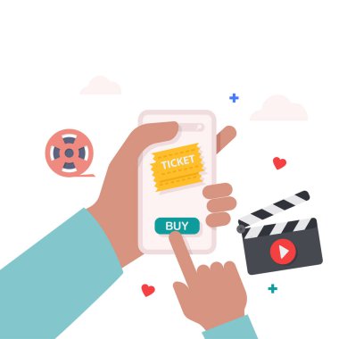 Hand holding smartphone with online cinema ticket order illustration.