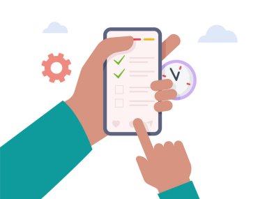 Kontrol listesi uygulaması olan bir akıllı telefon. Başarılı iş görevleri illüstrasyonu.