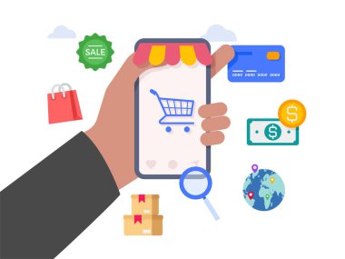 Çevrimiçi alışveriş uygulaması illüstrasyonuyla el ele tutuşmalar.