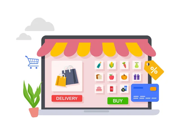 Online Grocery Store Shopping Concept Order Delivery Online Supermarket Illustration — Archivo Imágenes Vectoriales