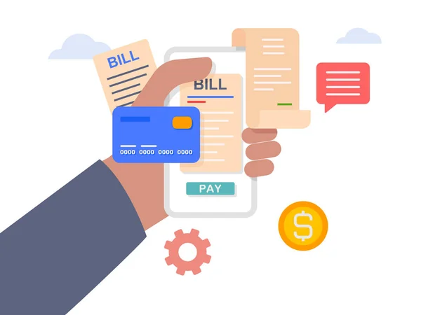 Hand Holding Mobile Paying Bills Invoice Payment Utility Bank Restaurant — Vetor de Stock