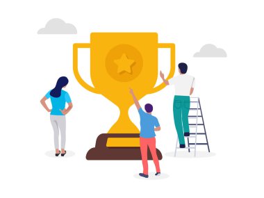 People characters with Golden cup prize. Business team success achievement concept illustration.