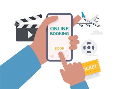 Cep telefonu, otel, uçuş, araba, bilet illüstrasyonu için online rezervasyon kavramı.