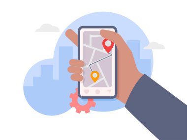 Konum izleyici mobil uygulama illüstrasyonuyla el ele tutuşan akıllı telefon.