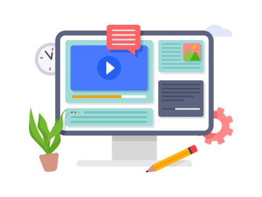Çevrimiçi video uzaklık eğitimi, yayın, webinar, konferans videoları illüstrasyonu.