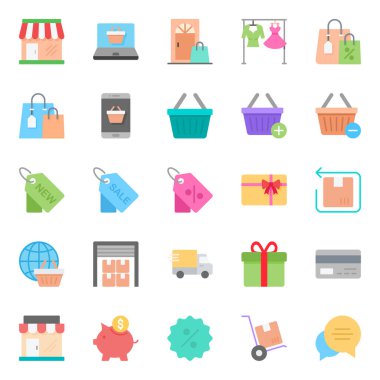 Alışveriş ve e-ticaret için düz renk simgeleri.