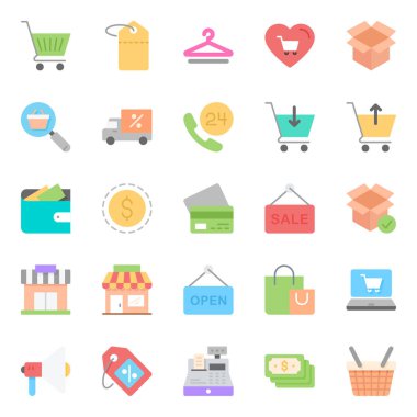 Alışveriş ve e-ticaret için düz renk simgeleri.