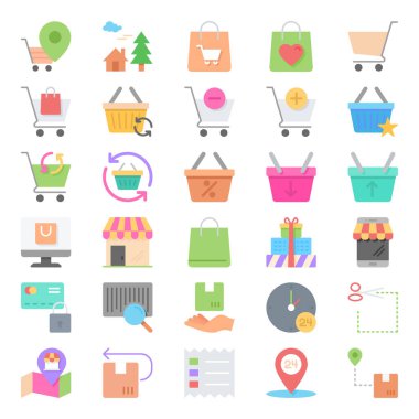 Alışveriş ve e-ticaret için düz renk simgeleri.