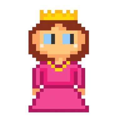 Sihirli bir prenses. Piksel sanatı. Eski tarz bilgisayar grafikleri. Oyunun ögeleri.