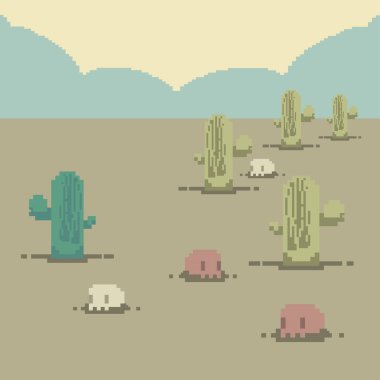 Bulutlu, kaktüslü, kafataslı pikselli çöl arka planı ve metni kaybediyorsun.