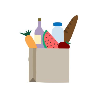 Yemek servisi konsepti, online sipariş. Kamyon ya da scooter deposu kuryesi ve solunum maskeli bir kurye. Vektör illüstrasyonu