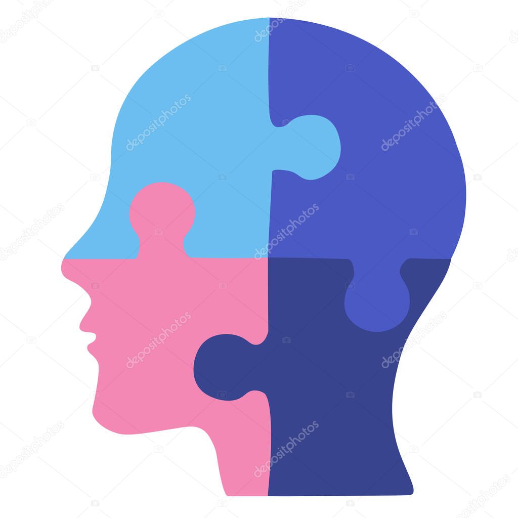 Human head, puzzle icon. Vector illustration, flat design. Colors-blue and pink