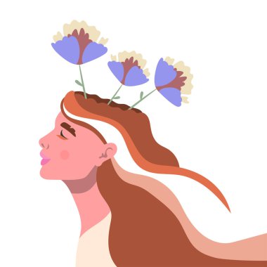 Zihinsel sağlık, mutluluk, uyum yaratıcı soyut kavram. İçinde çiçekler olan mutlu bir kadın kafası. Farkındalık, pozitif düşünce, kişisel bakım fikri. Düz çizgi film vektör çizimleri kümesi