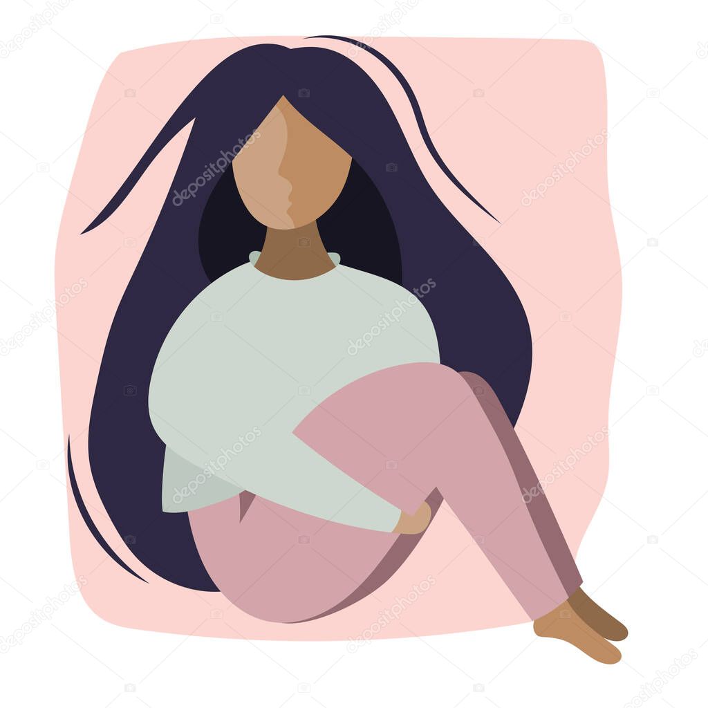 Vector illustration on the theme of mental health. Very sad girl needs psychological support. Girl is sitting on the floor, clasping her knees with her hands. loss of strength, self-doubt, depression