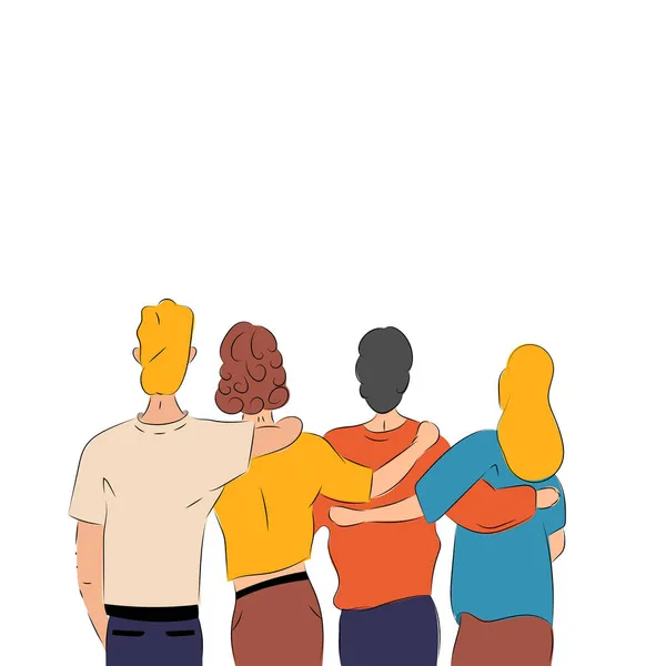 stock vector Friends from behind. Hugging happy characters back view, friendship illustration with boys and girls standing together. Group of friends, men and women good relationships vector set