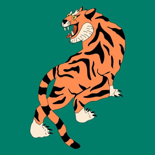 Tygrysi Chód Japoński Lub Chiński Styl Orientalny Ręcznie Rysowane Kolorowe — Wektor stockowy