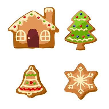 Noel için zencefilli kurabiye seti. Beyaz arka planda izole edilmiş. Vektör illüstrasyonu.