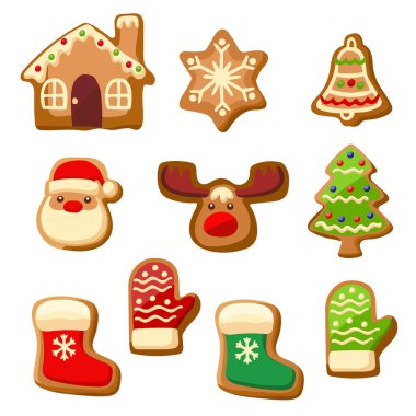 Noel için zencefilli kurabiye seti. Beyaz arka planda izole edilmiş. Vektör illüstrasyonu.