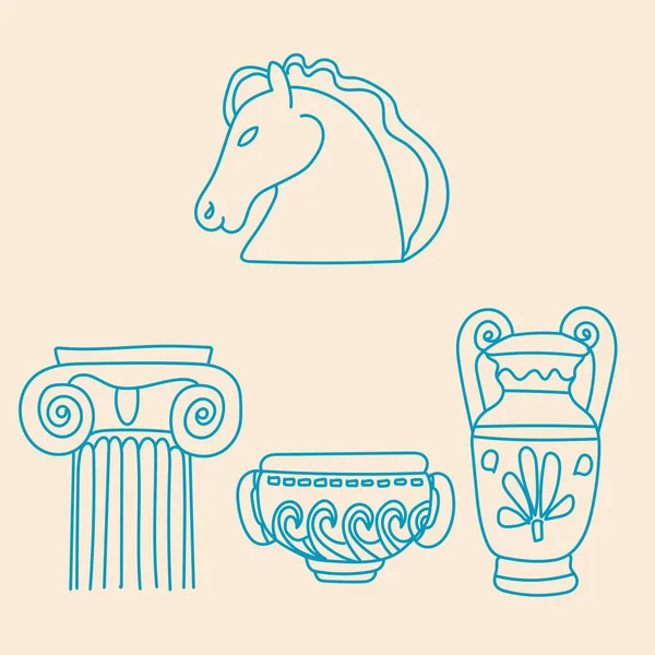 Různé Antické Sochy Kůň Mýtický Starověký Řecký Styl Ručně Kreslená — Stockový vektor