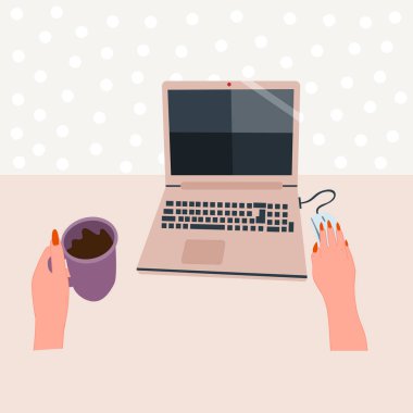 İş yeri, çalışma masası. Laptop ekranında bakış açısı. Sanal sohbet, online video paylaşım platformu, haritalar, çeşitli uygulamalar. Web Eğlence konsepti. El çizimi Vektör illüstrasyonları