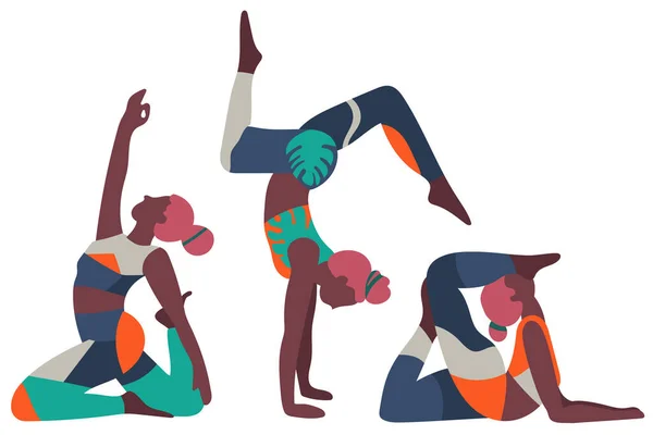 Ensemble Femmes Portant Des Vêtements Sport Lumineux Faisant Yoga Fille — Image vectorielle