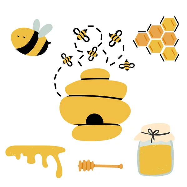 Zestaw Słodkich Pszczół Smaczny Zdrowy Miód Słoiki Łyżka Miodu Plaster — Wektor stockowy