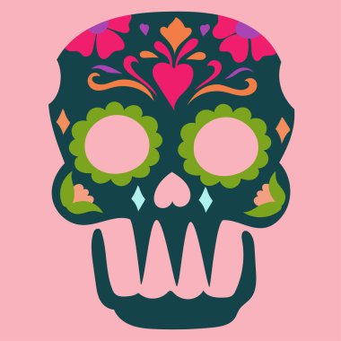 El çizimi Meksika Ölüler Günü. Çiçekli süslemeli renkli kafatası. Vektör