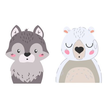 Poster ya da kart tasarımında, renkli karikatür vektör illüstrasyonunda giyilen dört sevimli küçük hayvan seti.