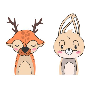 Poster ya da kart tasarımında, renkli karikatür vektör illüstrasyonunda giyilen dört sevimli küçük hayvan seti.