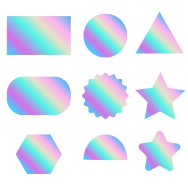 Holographic stickers. Labels with holograms of different shapes. Colored empty rainbow shiny emblems, labels. Paper stickers. Vector illustration