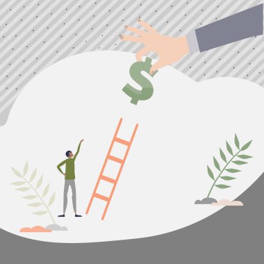 Ekonomik destek olarak küçük kriz kavramında kurtarma parası. İflas sorunu olan vektör illüstrasyonunda devletten şirket yardımı. Kurtarma uyaranı borç ödemesi.